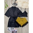 thumbnail image 3 of 3 Piece Simple Satin Pajama Set, Short Robe With Belt + Cami Top + Lace Trim Shorts, Women's Loungewear & Sleepwear, 3 of 5