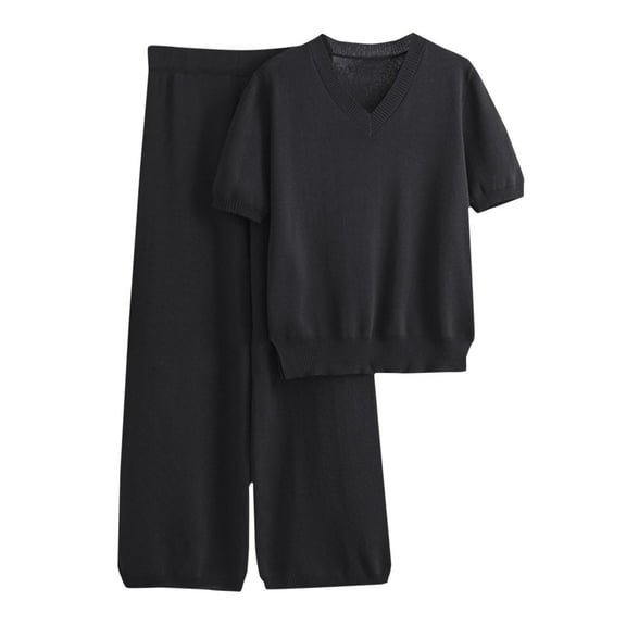 Baqcunre Workout Shorts Womens Women Temperament Loose Short Sleeve V Neck Top And Wide Leg Pants Knitted Two Piece Suit Workout Sets For Women Womens Pants Black One Size