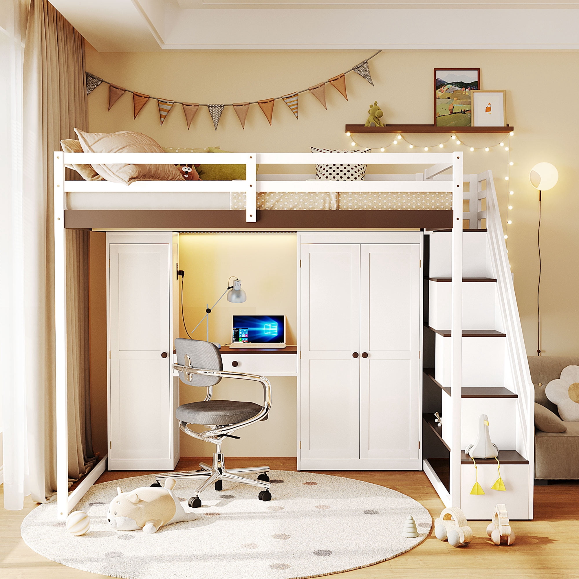 Mintazer Full Size Princess Loft Bed Built-in Dressing Table with Vanity Mirror, Wardrobe, Storage Staircase, Drawer, LED Lights & Charging Station for Girls, White & Brown