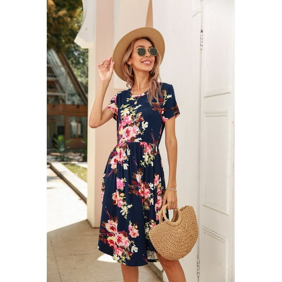 CALIPESSA Womens Summer Floral Print Tunic Ruffle Knee Dress Casual Loose Swing Flowy Navy Blue Short Sleeve Curved Hem Midi Dresses With Pocket