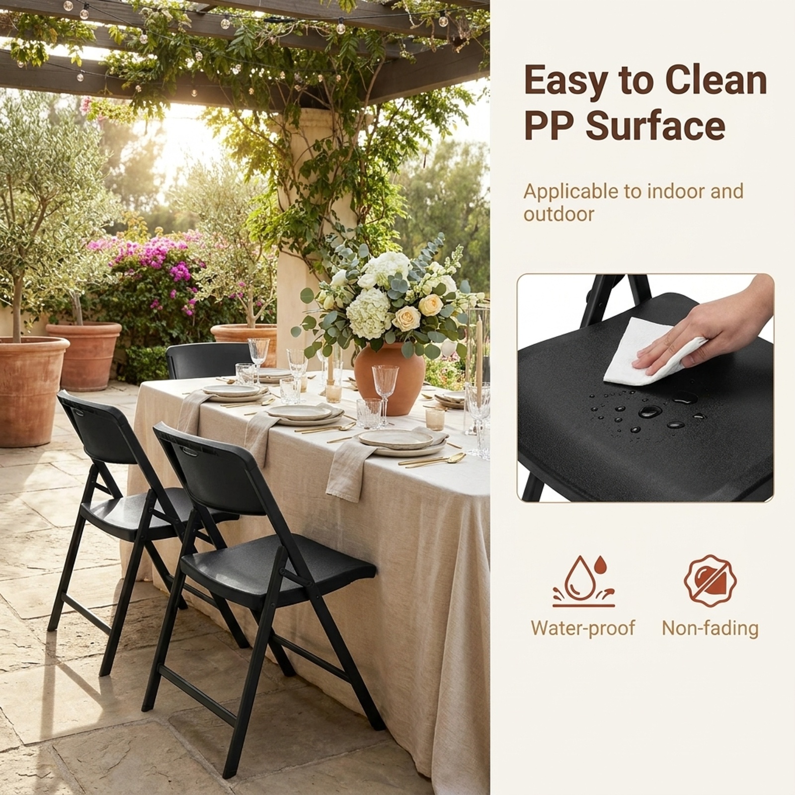Furnibear Set of 6 Foldable Plastic Chairs with Ergonomic Backrest for Kitchen Dining Room Living Room Home, Black