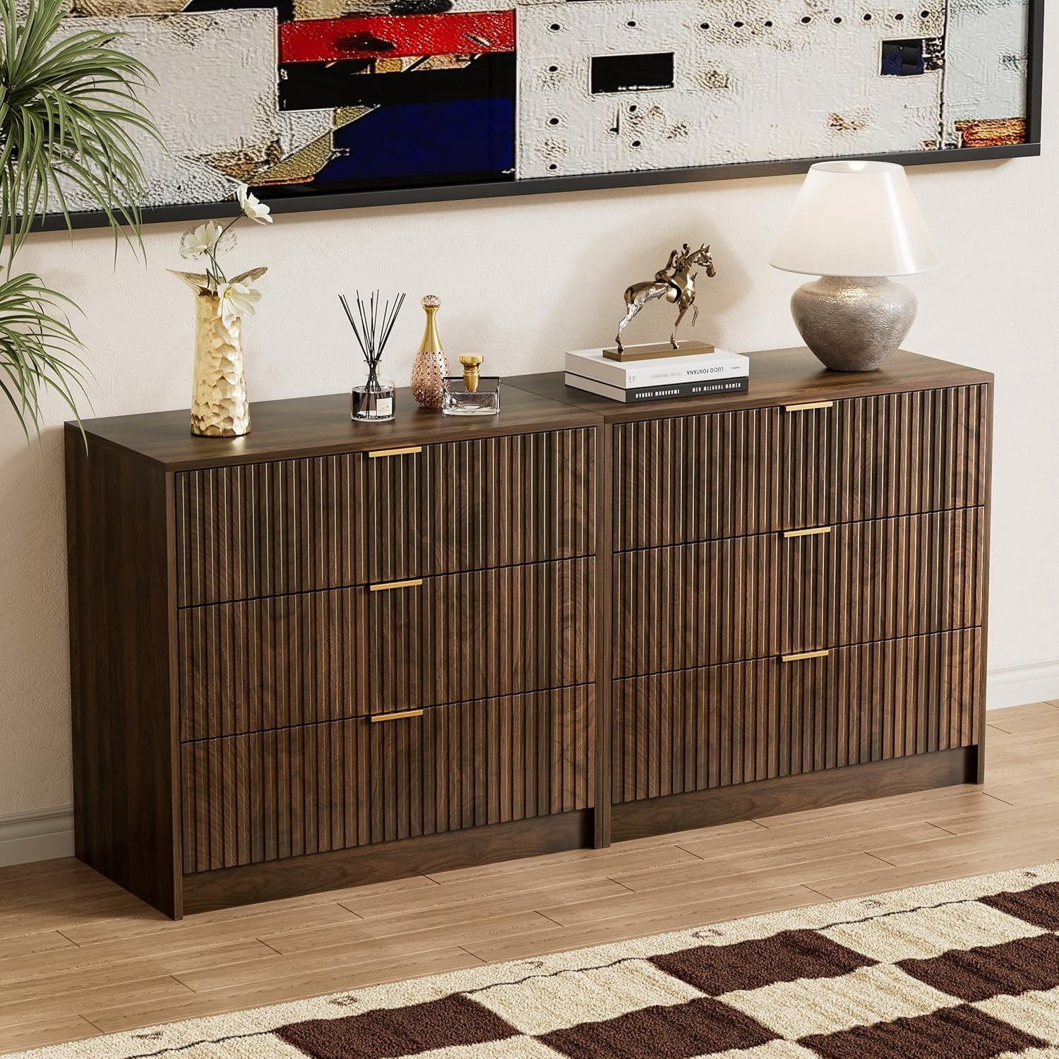 Walnut Dresser for Bedroom, Modern Dresser with 3 Drawers and Smooth Slides, Wide Chest of Drawers with Golden Handles for Bedroom, Living Room, Closet, 15.7" D x 31.5" W x 29.6" H