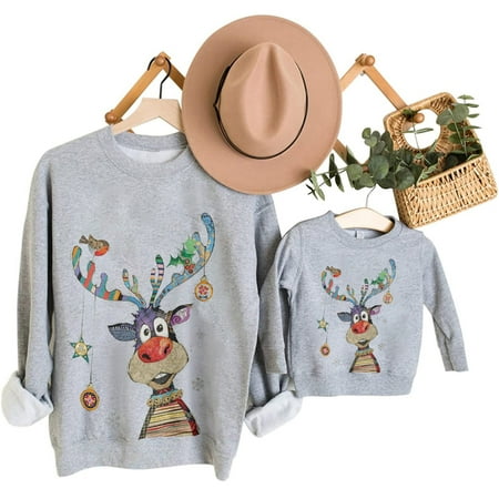 

YWDJ Matching Family Christmas Pajamas Parent-child Attire Christmas Printed Long Sleeve O-Neck Shirts Tops Pullover Family Matching Mom Sweatshirts Gray(Gray Women L)