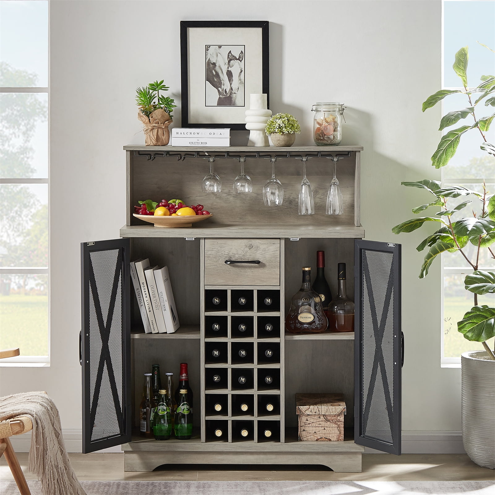 Farmhouse Wine Bar Rustic Kitchen Buffet Sideboard Storage