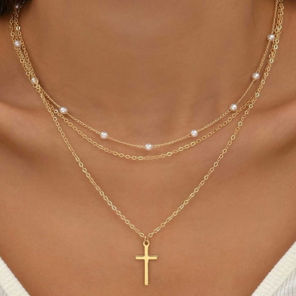 Womens Multilayer Pearl Cross Pendant Alloy Necklace Gold Elegant Everyday Holiday Wear 1 pc