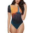 thumbnail image 2 of Uemuo Lighthouse At Sunset Coast Pattern Women's One Piece Short Sleeve Swimsuit Rash Guard Surfing Modest Quick-drying Swimsuit Beach Essentials-XX-Large, 2 of 9