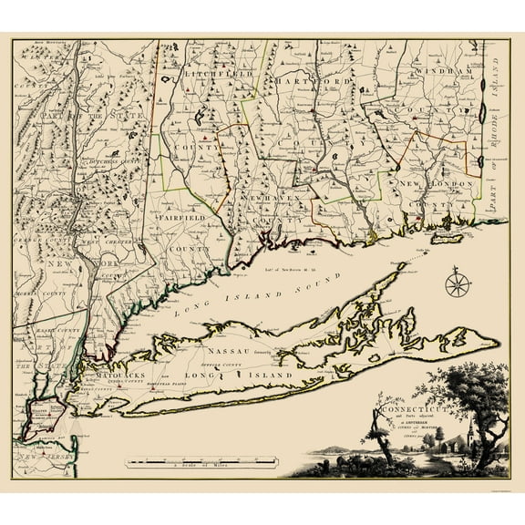 Historic State Map - Connecticut Long Island New York - Covens 1780 - 23 x 26.17 - Vintage Wall Art