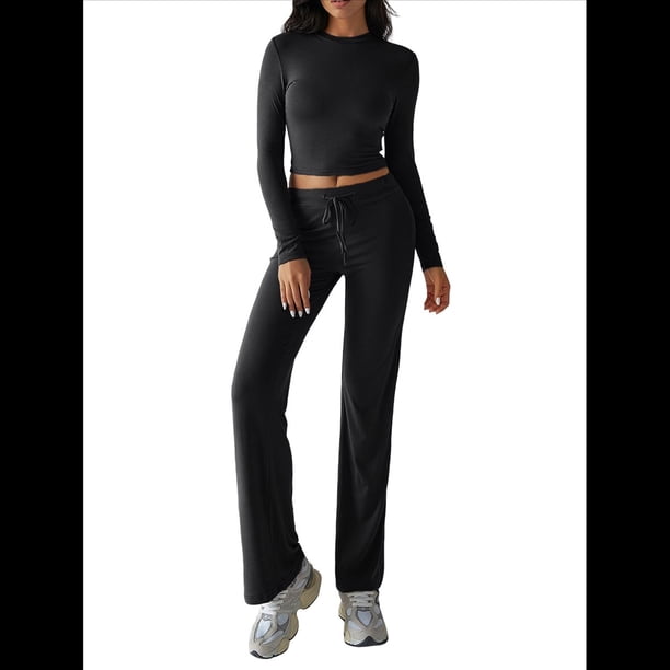 Conjuntos de 2 Piezas para Mujer, Larga, Cuello Redondo, Pantalones Acampanados de Cintura Alta, Conjuntos de Chándal, Ropa de Calle. Negro M