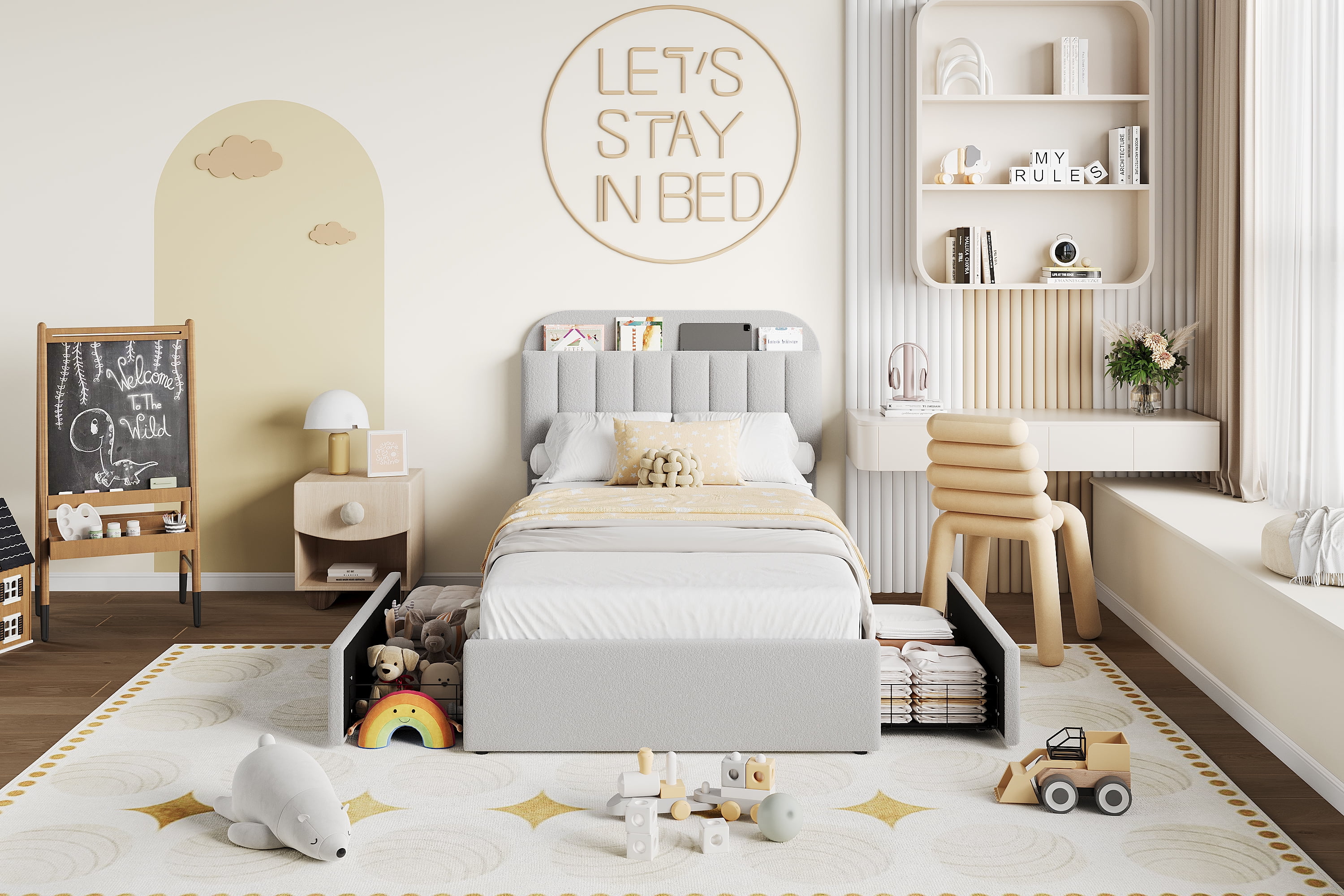 TWIN Platform Bed with Bookcase Headboard & Drawers – Modern Boucle Upholstered Frame, No Box Spring, Easy Assembly Bedroom Furniture