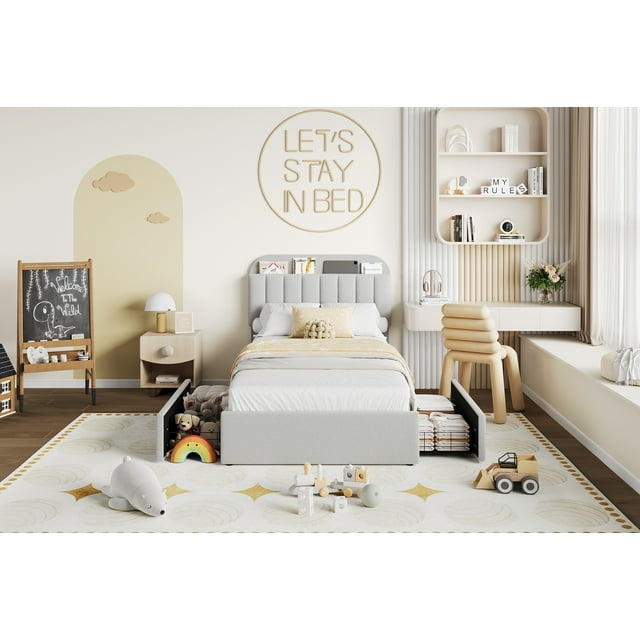 Cadre de Lit Plateforme, Cadre de Lit pour Enfants avec Tête de Lit de Rangement, 2 Tiroirs Roulants, Cadre de Lit Silencieux, Aucun Sommier Requis