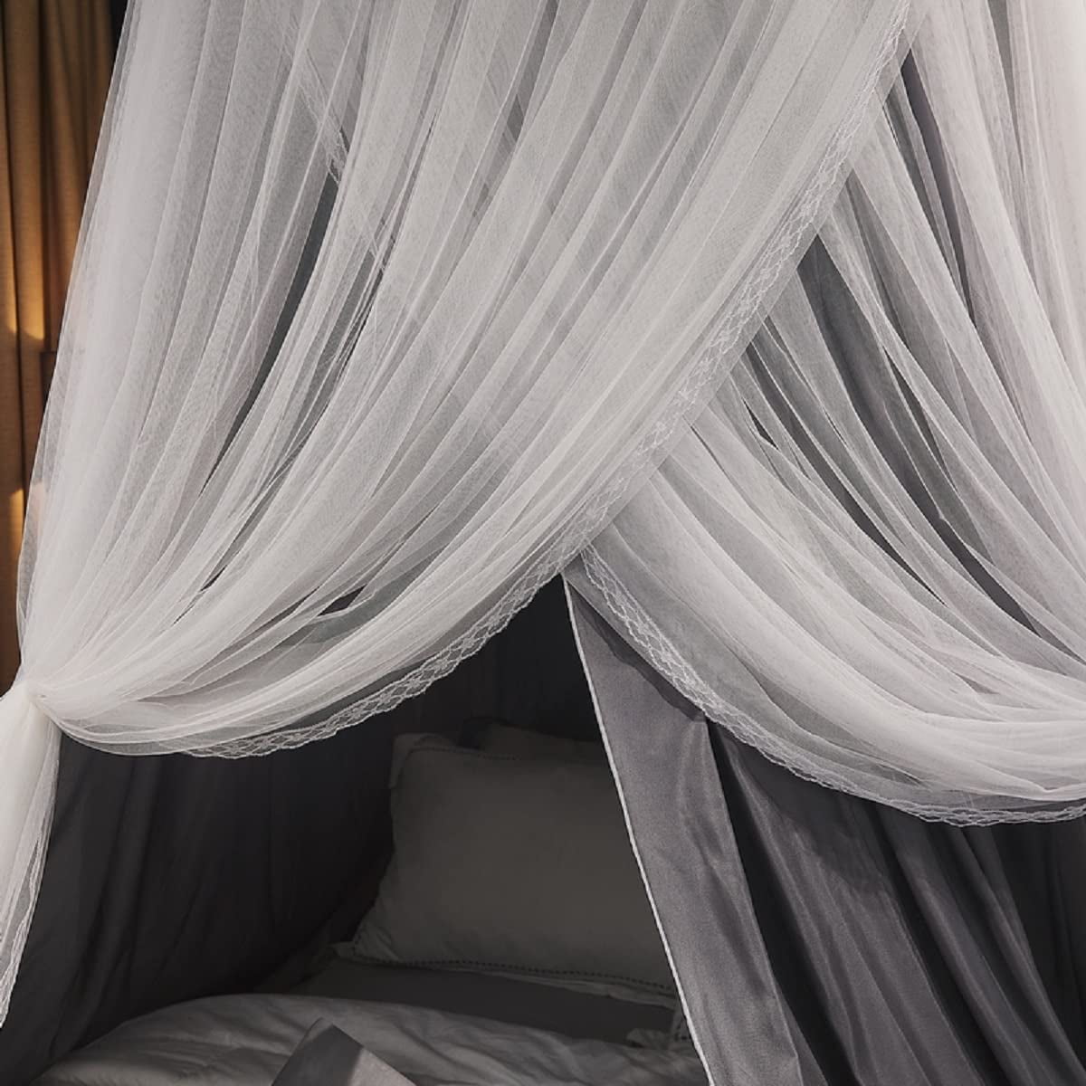 Luxurious Bed Canopy for Girls & Adults - Double Layer Princess Canopy with Lace, Round Dome Mosquito Netting for Queen/King Bed Tent (New Gray)