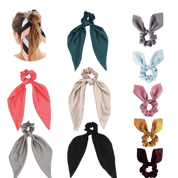 Bufanda para el cabello de satén de seda de colores sólidos, 10 piezas de coleteros con lazo, que incluyen 5 bufandas para el cabello de satén y 5 coleteros con orejas de conejo, accesorios para el ca