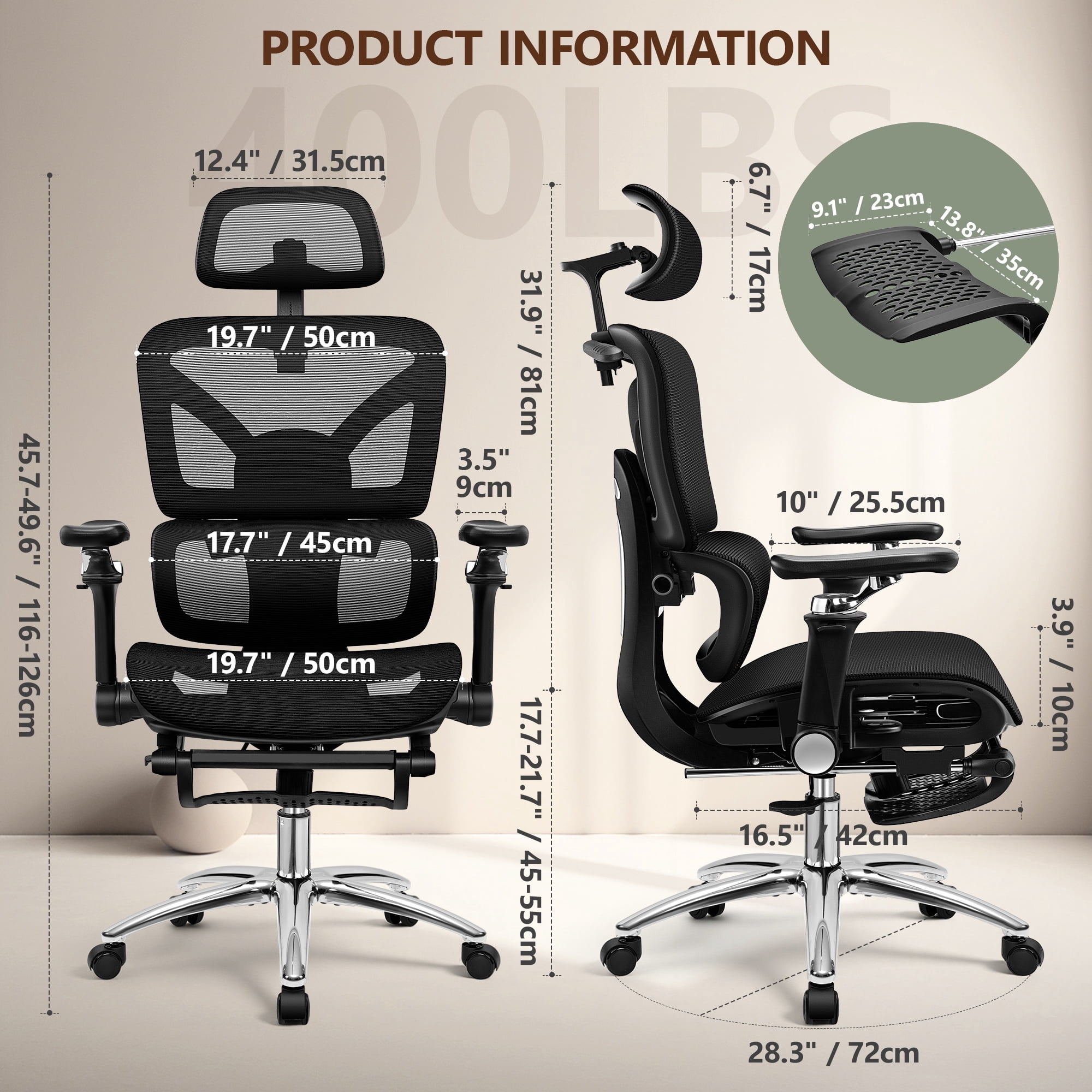 COOLHUT Ergonomic Mesh Office Chair with Footrest, Big and Tall Computer Desk Chair with Adjustable 6D Armrest, Lumbar Support and Headrest High Back Home Office Chair for Workspace, Gaming, Black