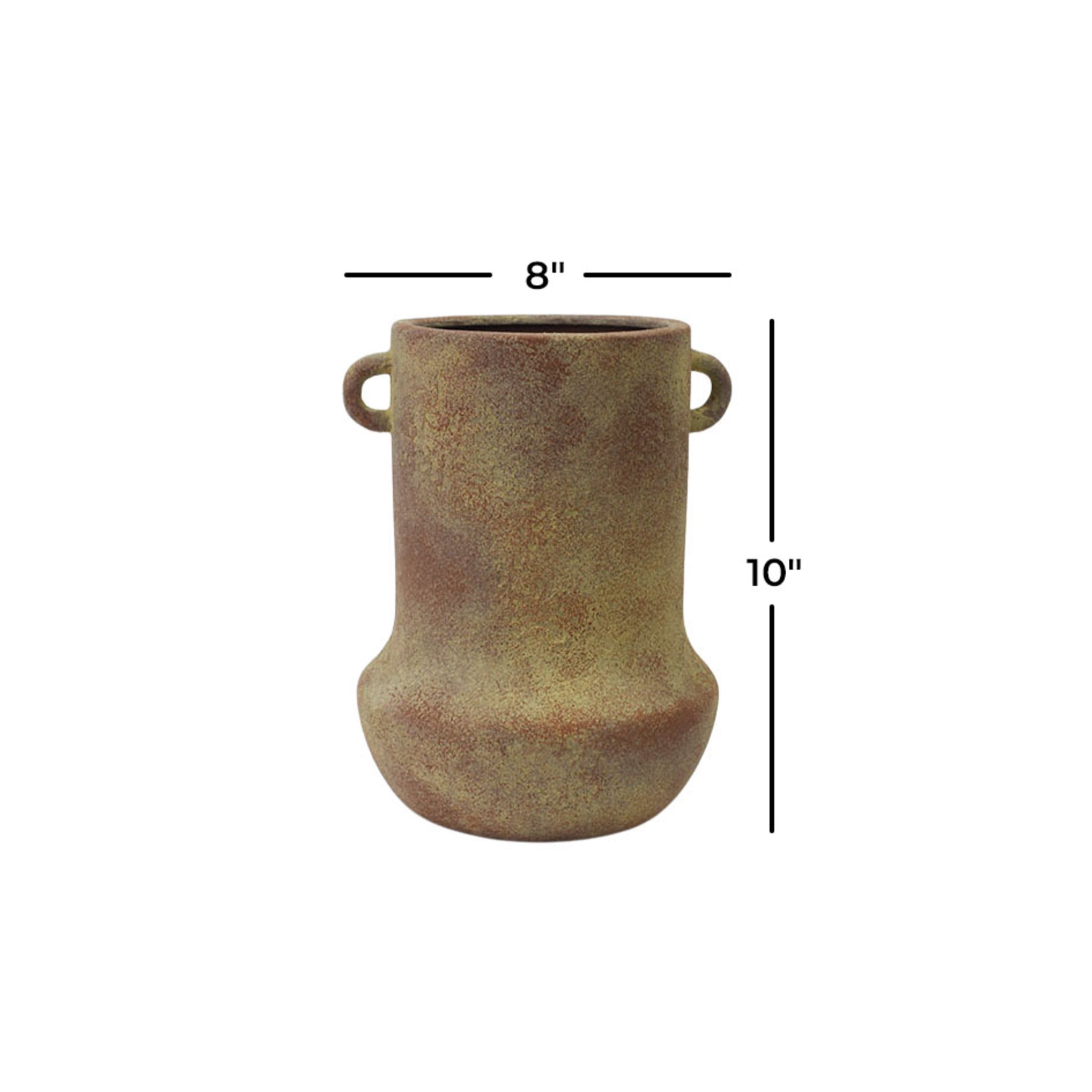 DecMode 10" Antique Style Textured Red Ceramic Vase with Yellow Shadings and Handles