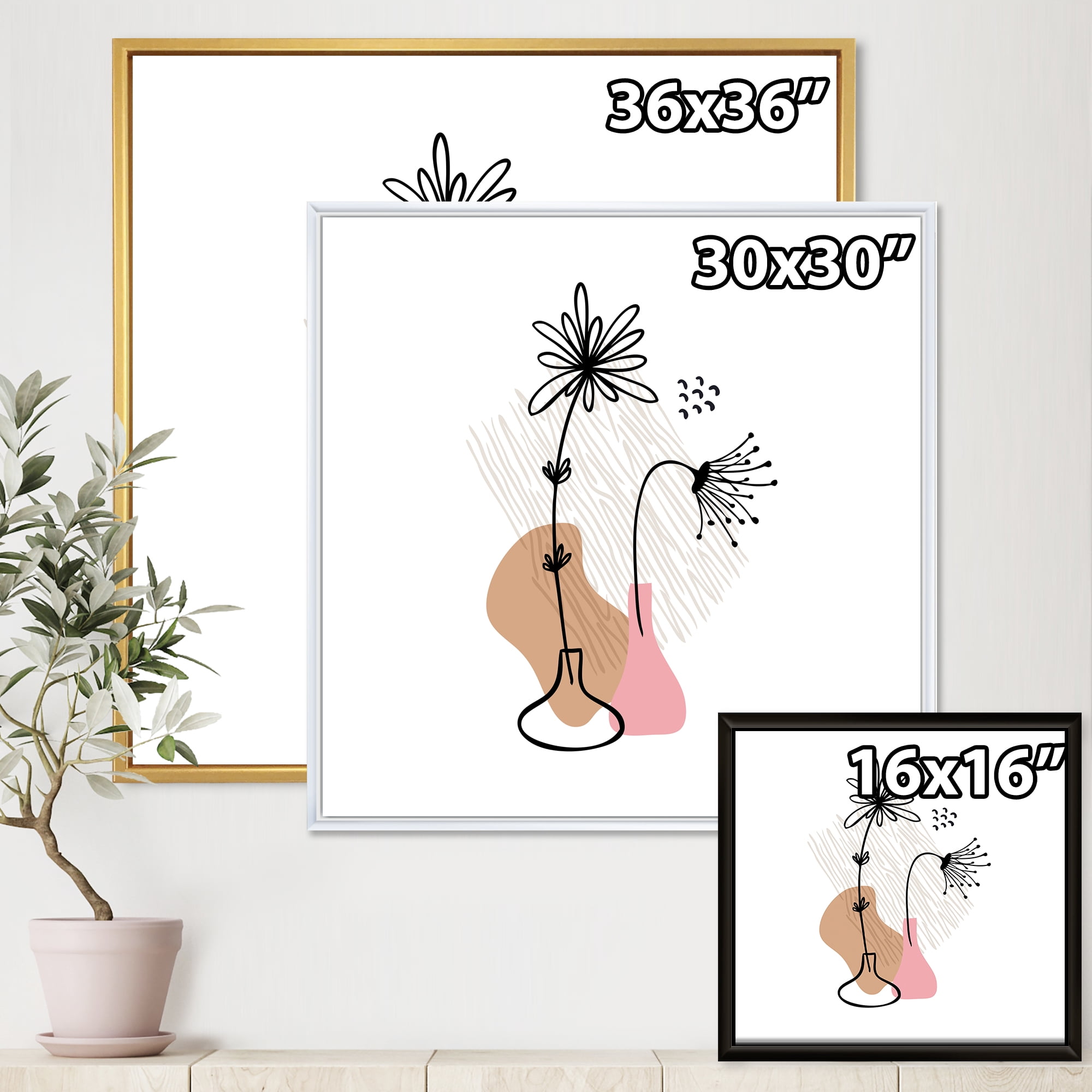 Designart 'Abstract Minimal Shapes Under Flowers III' Modern Framed Canvas Wall Art Print