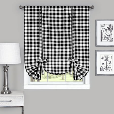 Country Chic Plaid Gingham Tie Up Shade Window Curtain Treatment - Black