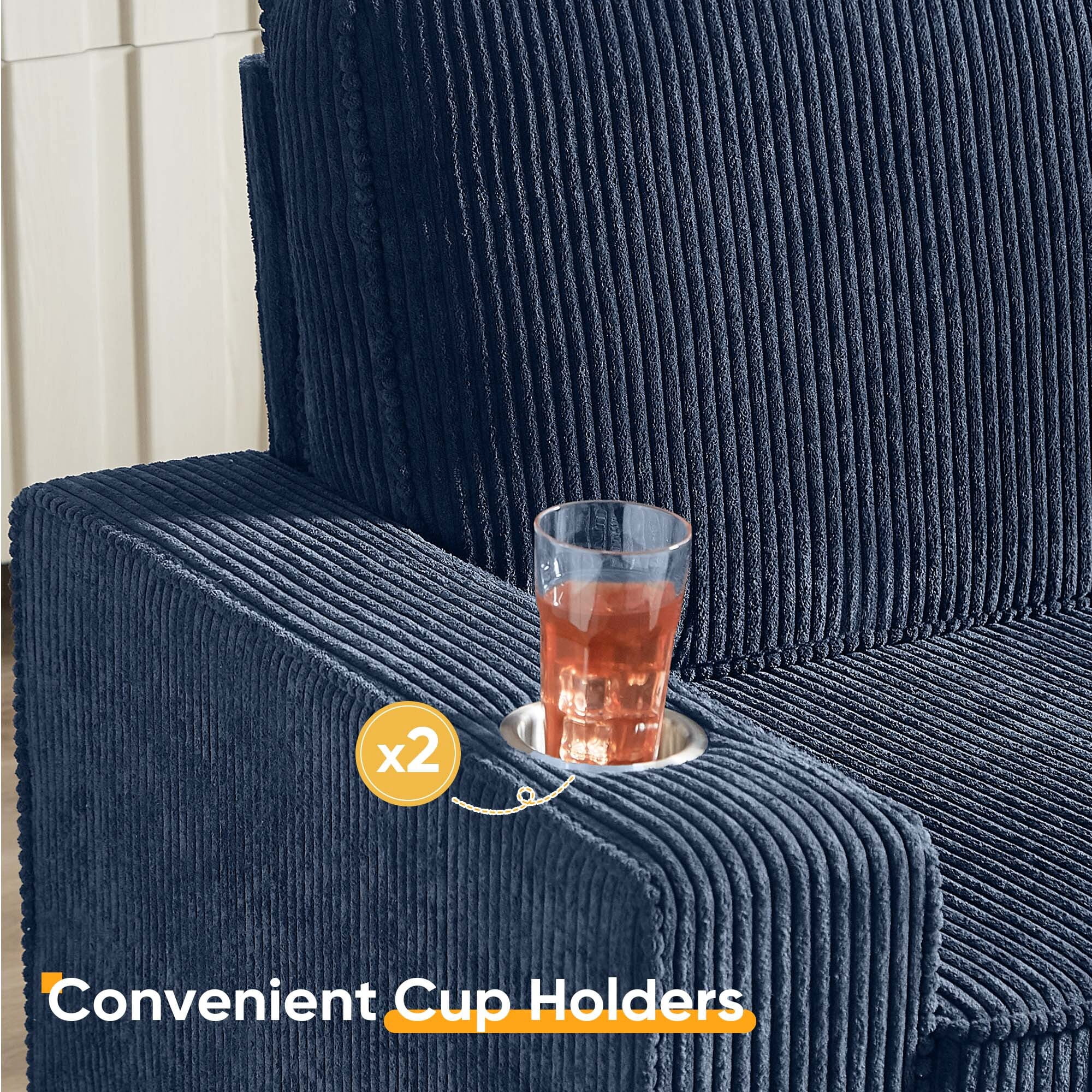 Lunale 83" Corduroy Sofa with Cup Holders, Modern 3-Seater Couch for Living Room, Apt., Blue