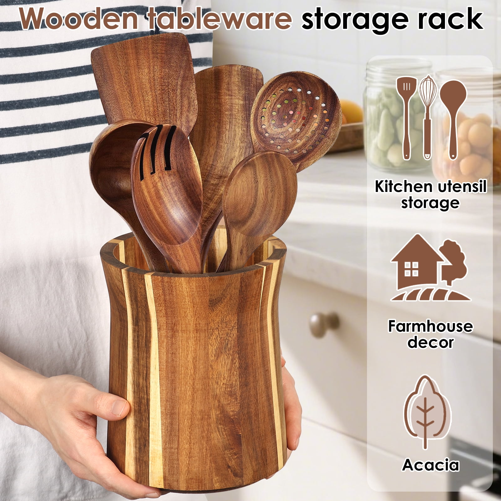 NUAHRHY 7.44" Utensil Holder, 360° Rotating Cooking Utensil Crock for Countertop, Acacia Wood Cooking Tool Organizer for Kitchen Counter Spatula Storage, Natural Kitchen Decor