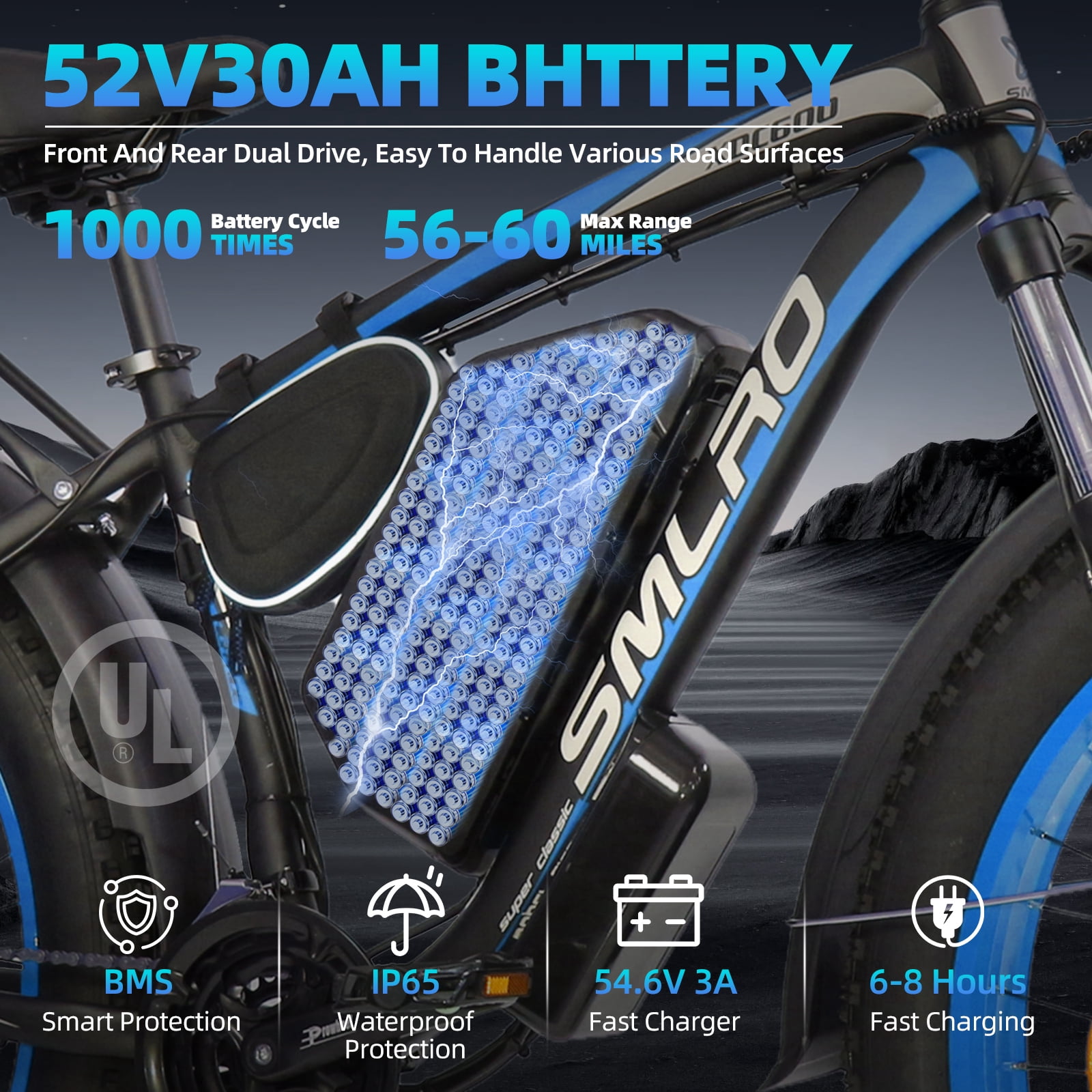 Electric Bike for Adults, 26x4.0 Fat Tire E-Mountain Bicycle, Peak 5000W Motor 52V-30Ah, Mountain Bike Beach Snow Ebike for Men, Blue