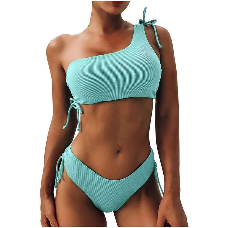 Floenr Two Piece Women's Bikini Swimsuit Set,Solid One Shoulder Wide Straps  Bathing Suits,Tie Side Swimwear Beachwear 