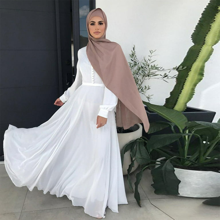 Women Muslim Maxi Long Lined Pleats Dress Belted High Waist Buttons Chiffon  Abaya Kaftan Robe Flowy Swing Elegant Islamic Party Gown 