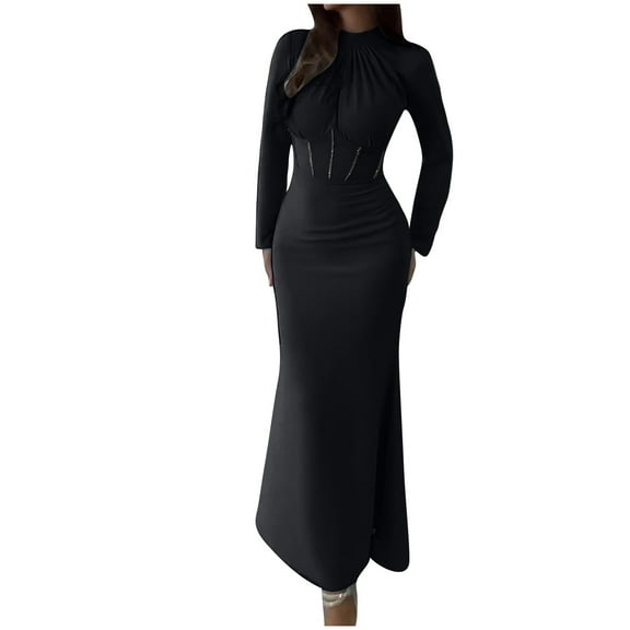 Ygbgbb Women's Haute Couture Slim Long Sleeved Pleated Tie Irregular Long Dress Elegant Women's Evening Dress (Black,L)