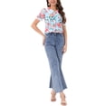 thumbnail image 2 of CAMISA CHIC FLORES PARA MUJER CON MANGAS CORTAS Y COLLAR PETER PAN DE ENCAGE, BOTONES EN EL FRENTE, AZUL CLARO, TALLA L, 2 of 6