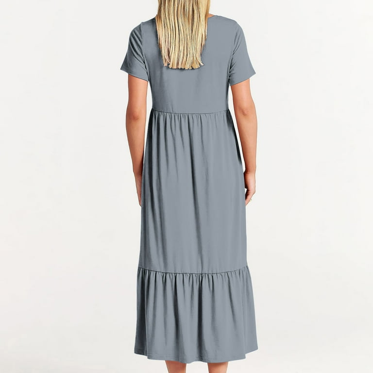 Awdenio Women's Dresses , Women's Summer Casual Short Sleeve Crewneck Dress Casual Flowy Tiered Maxi Beach Dress with Pockets, Size: Large, Silver