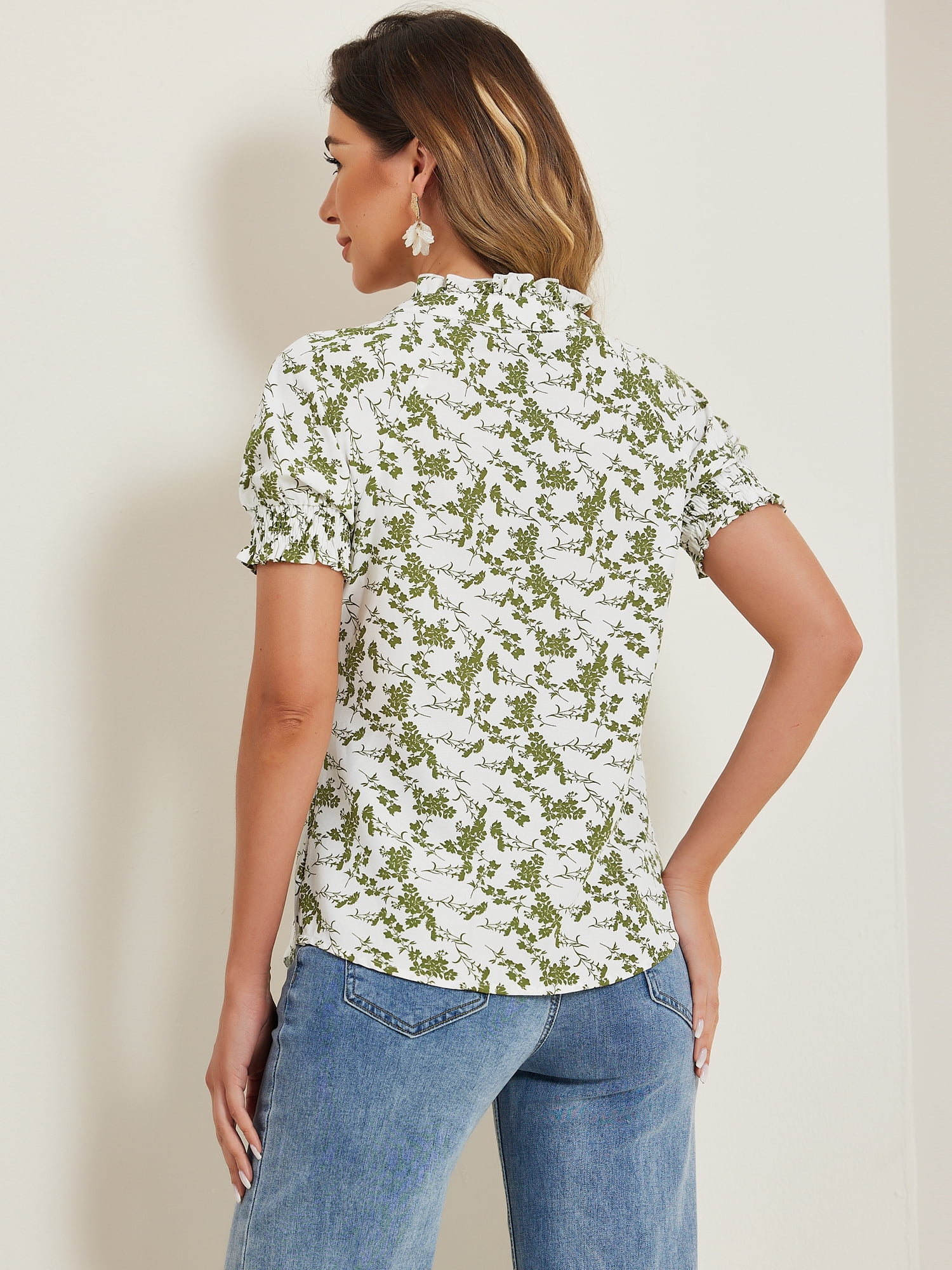 DARING DIVA Ruffle Tie Neck Casual Short Sleeve Blouse M Green