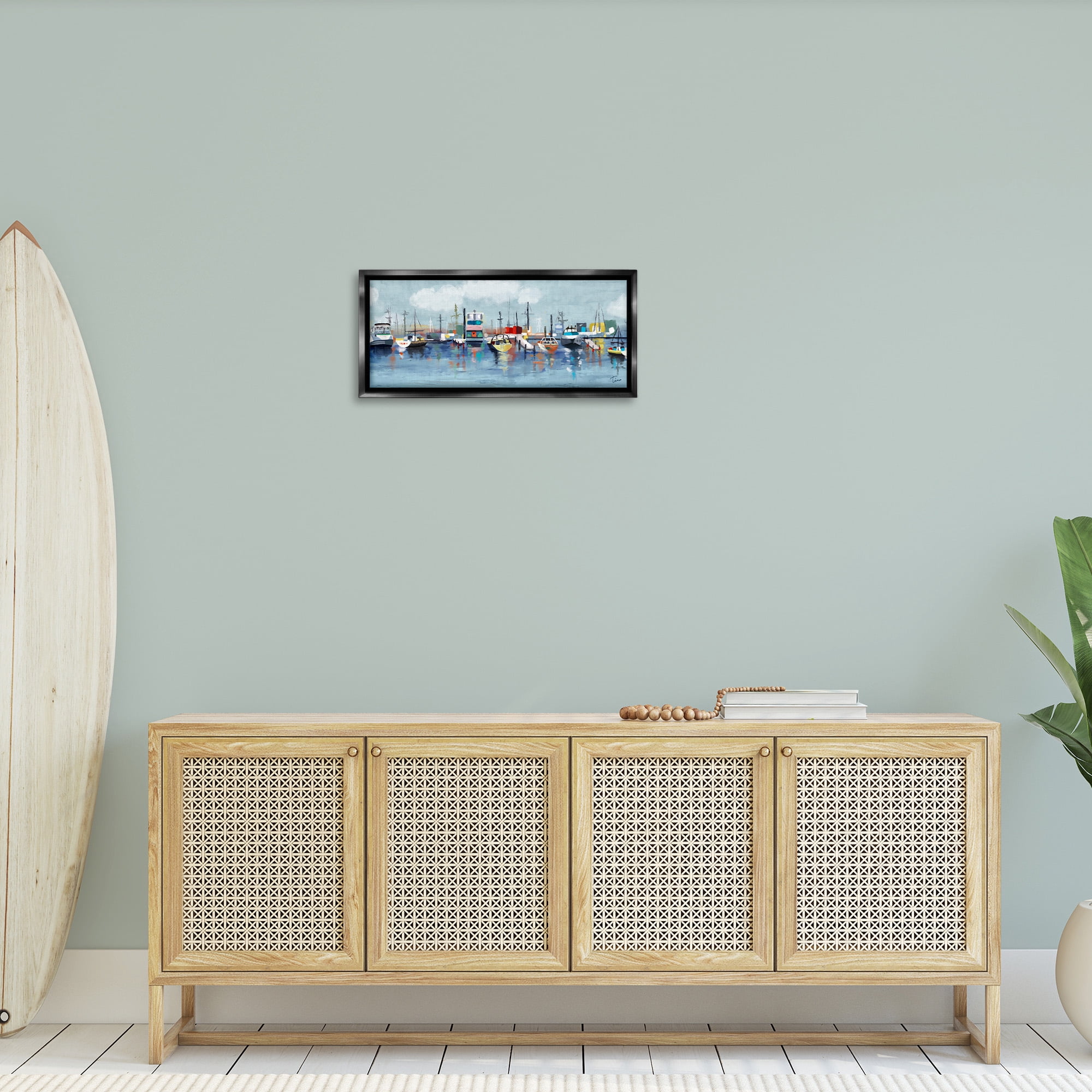 Stupell Industries Varied Boats Docked Port Marina Nature Painting Black Floater Framed Canvas Art Print Wall Art, 25 x 11
