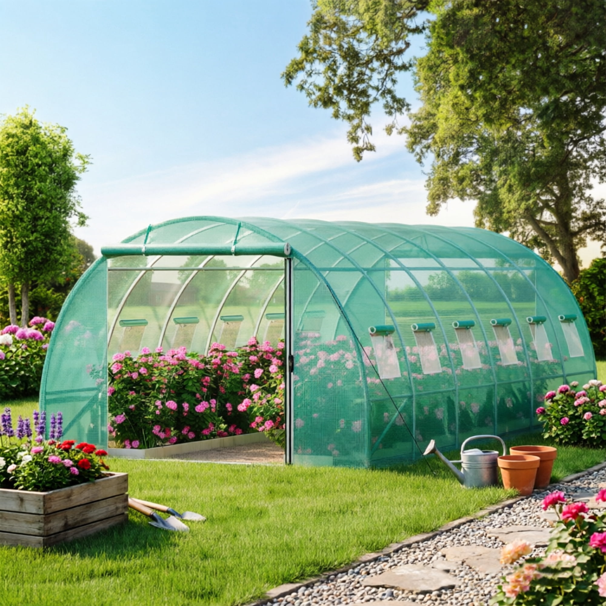Walk-in Tunnel Greenhouse, Portable Hot House with Galvanized Steel Hoops & 12 Roll-up Windows, 20' x 10' x 7'