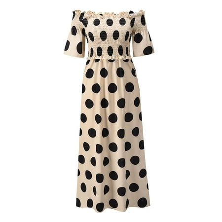 

Cathalem Shoulder Bra Dress With Elastic Texture And Polka Dot Print Skirt Beige M