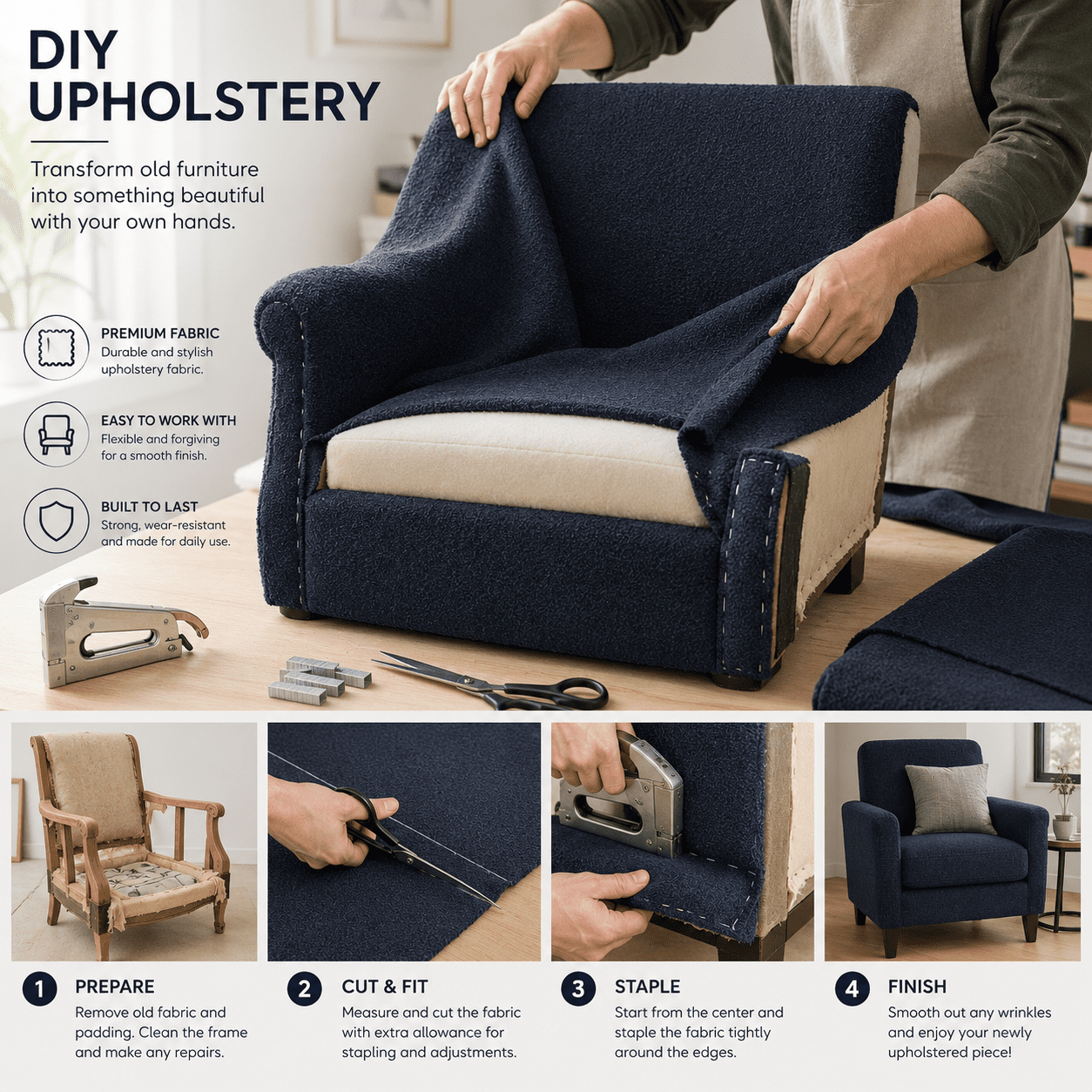 Liz Jordan-Hill Fabric by The Yard - Navy Blue Chenille Upholstery Fabric Polyester Blend with Aquaclean Technology - Reupholstery Sewing Material - Spirit Nightfall - 10 Yard