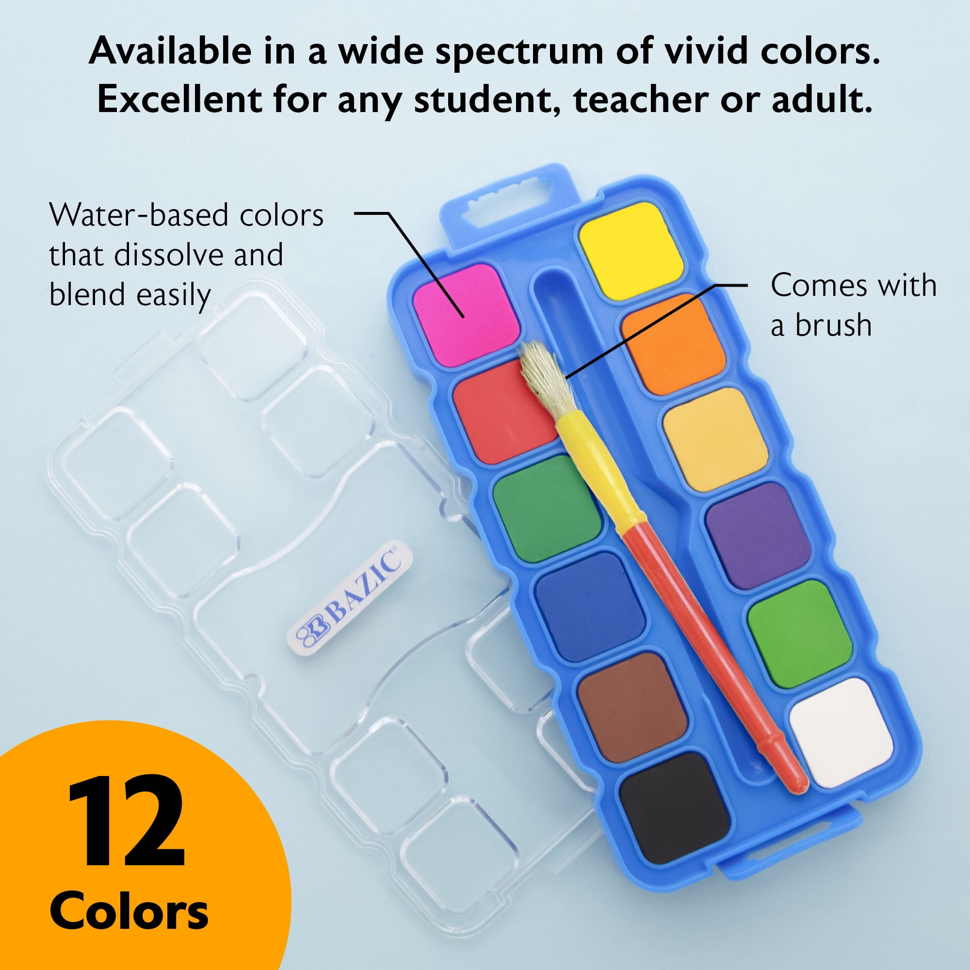 BAZIC Watercolor w/ Brush & Mixing Palette, 12 Color Non-Toxic, 24-Pack