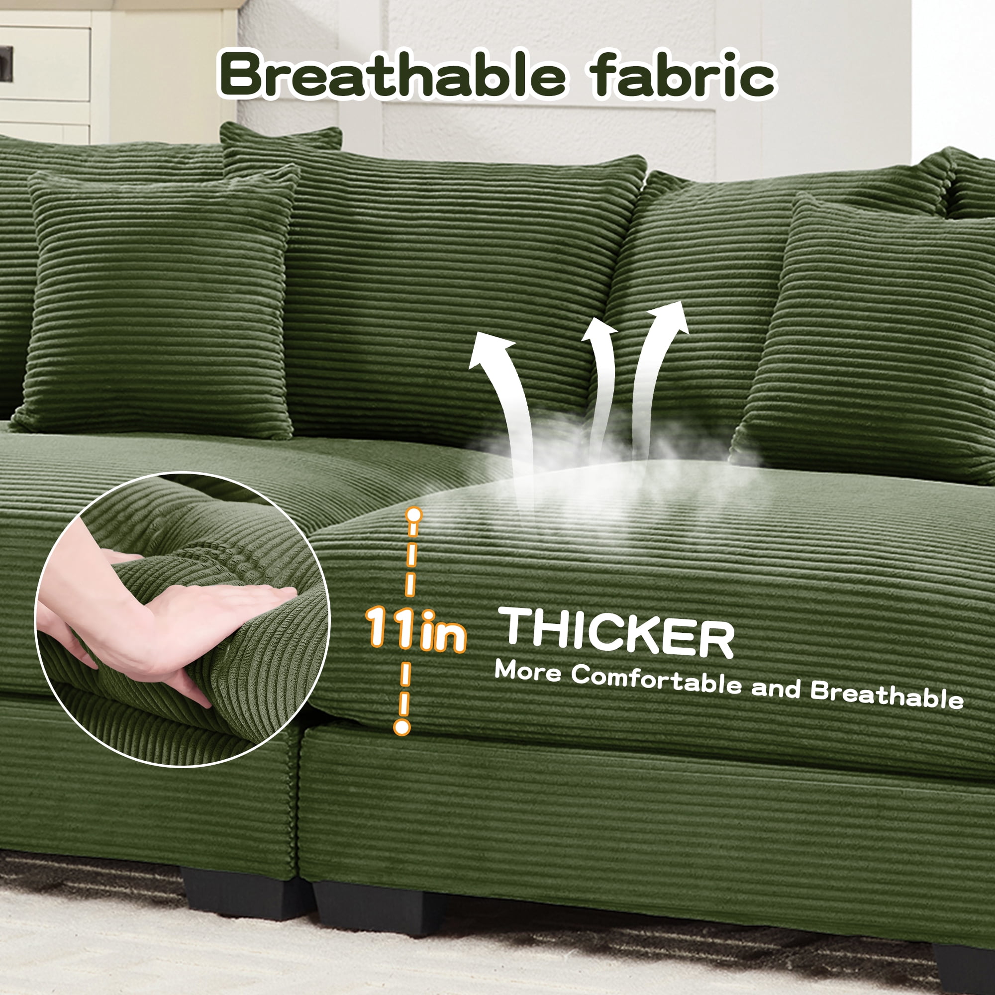 Anpport 170" Oversized Cloud Modular 4-Seater Green Corduroy Sofa, 12 Throw Pillows Included, Washable Removable Covers, Double-Layer Thick Cushions, Wide Armrest