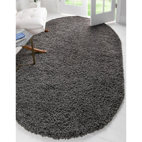 Rugs.com Solid Shag Collection Rug – 3' x 5' Oval Graphite Gray Shag Rug Perfect For Living Rooms, Large Dining Rooms, Open Floorplans