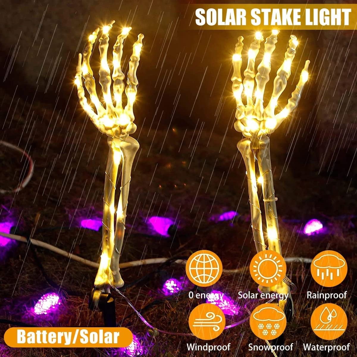 Solar Halloween Skeleton Skull Hand Lights, 40LEDs Hands 8 Mode String Lights, Plastic Scary Halloween Party Props Decoration Outdoor