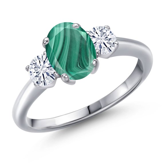 Gem Stone King 925 Sterling Silver Ring Malachite Moissanite (2.46 Cttw)