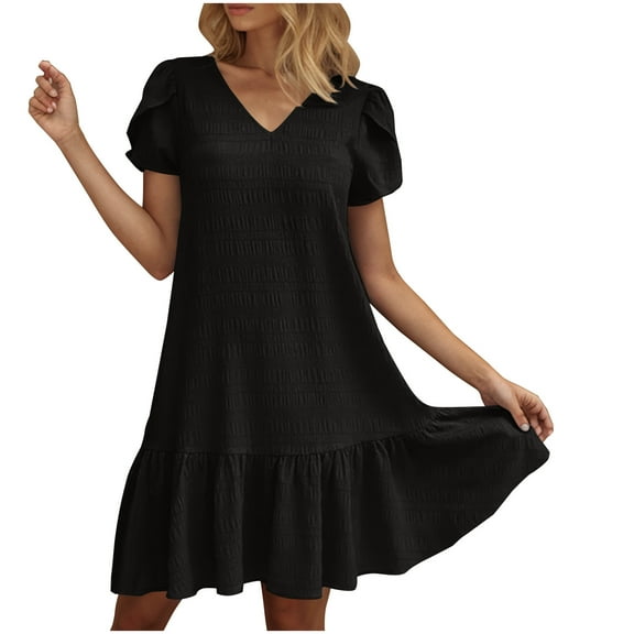 Short Dresses For Women 2025 Flowy Ruffle Crew Neck Solid Color Short Sleeve Pleated Mini Dresses for Women Trendy Black M