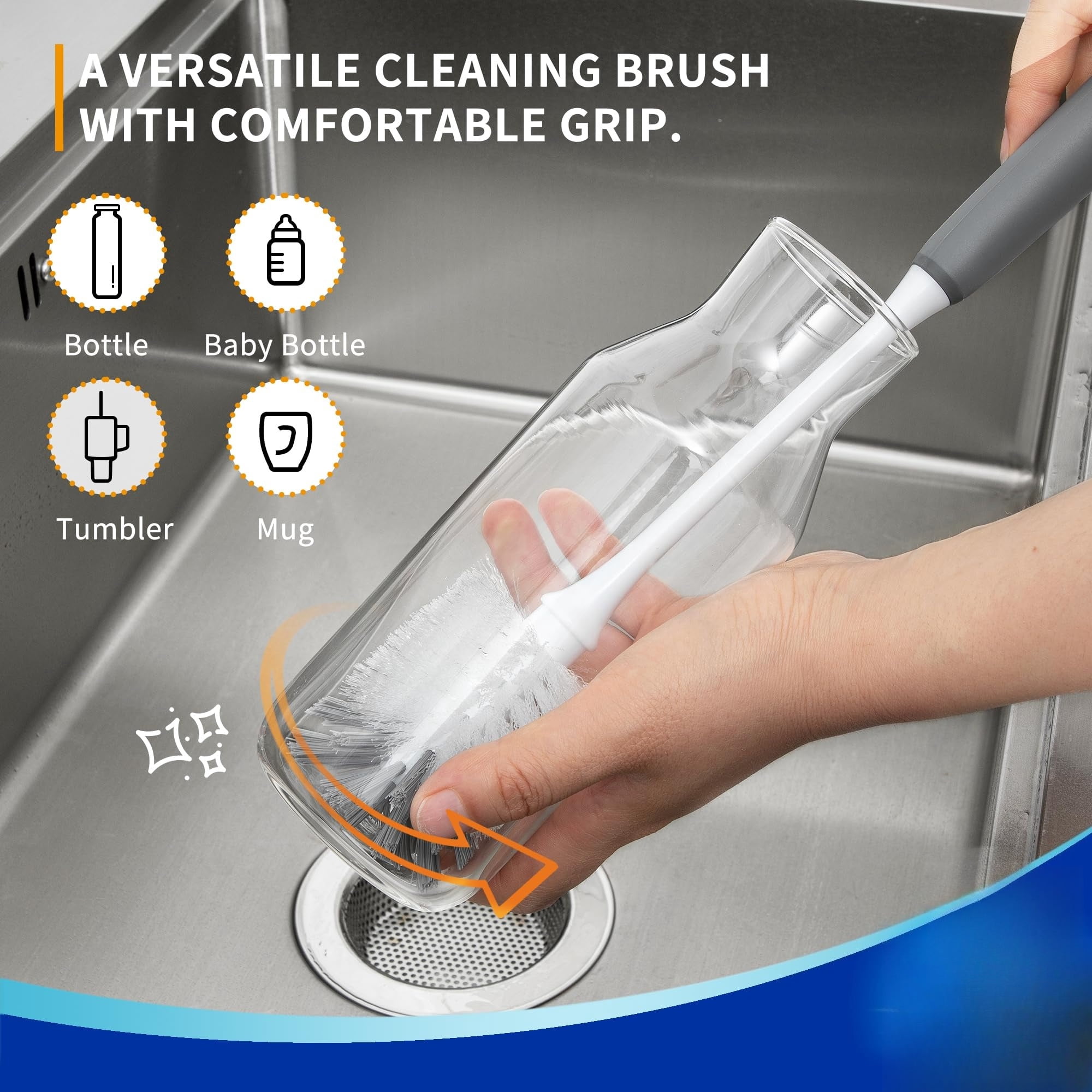 Long Handle Bottle Brush, Flexible Scrub Brush for Water Bottles, Glasswares, Mugs, Black, 2 Pack