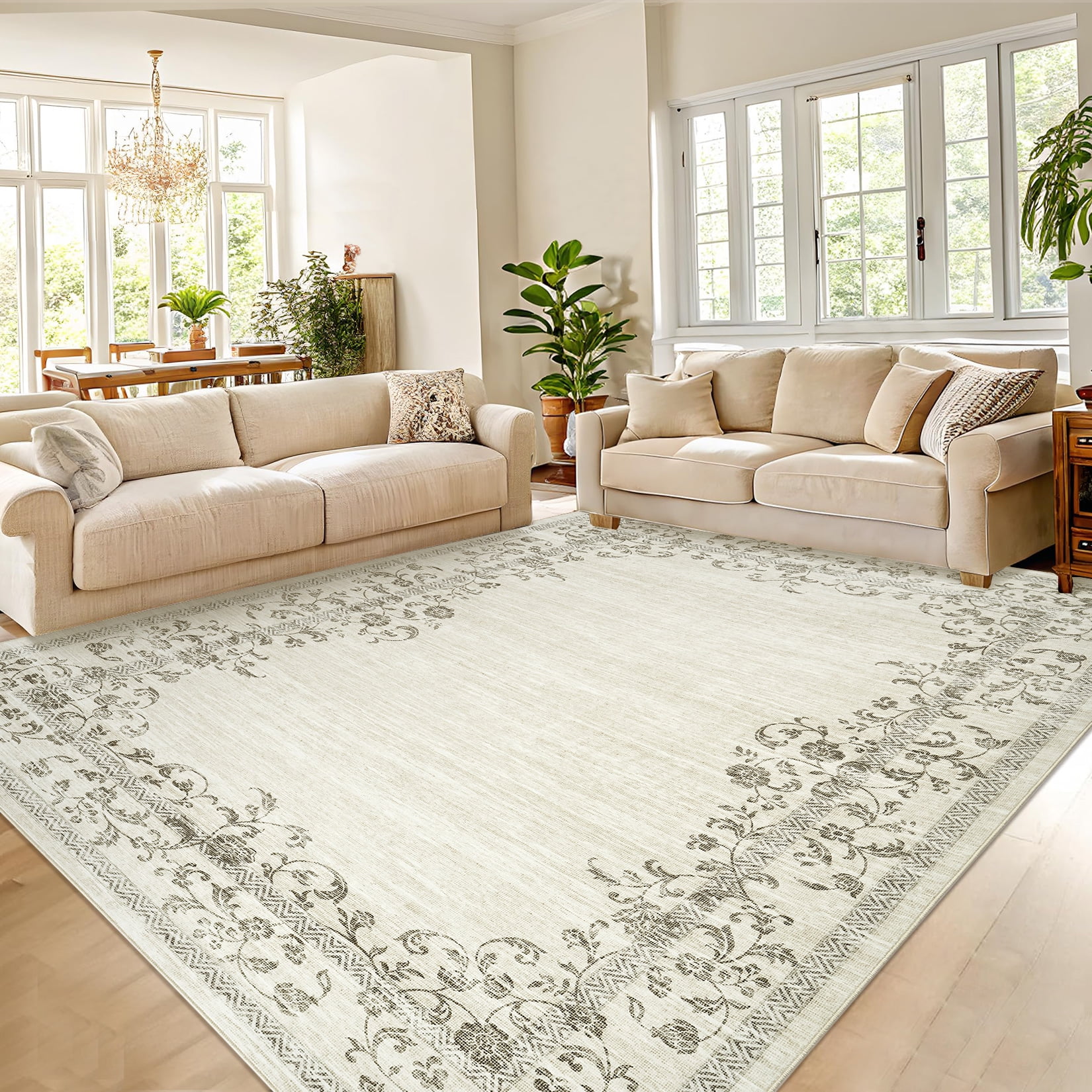Hasoo Modern Washable Indoor Carpet 8' x 10' Beige Area Rug for Living Room Geometric Border Floral Pattern Non-slip polyester Room Decor Rug