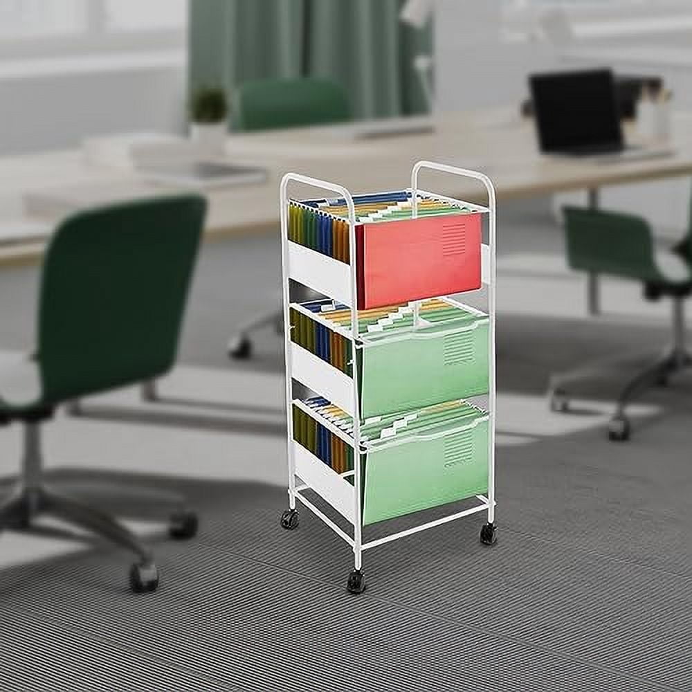 3 Tiers Metal Rolling File Carts with Wheels Hanging Files for Letter Size Movable Pull-Out File Folder Rack Drawer File Cabinet for Home Office