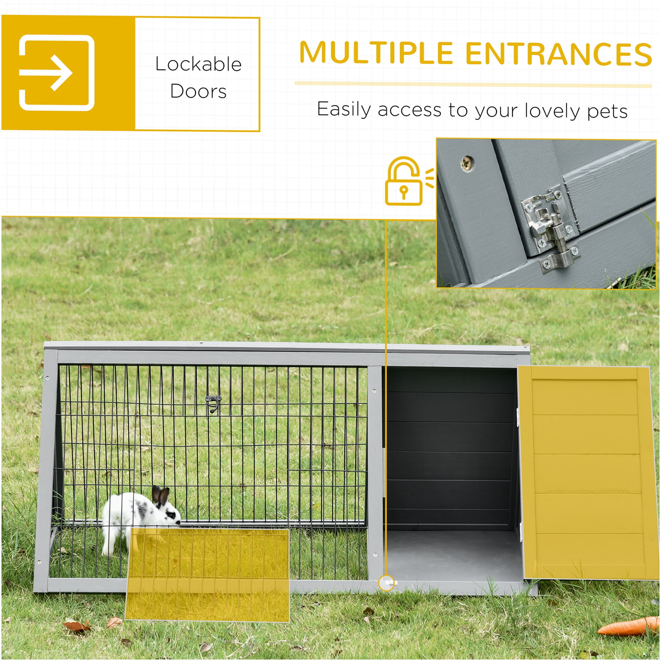 JERFIT 46" A-Frame Outdoor Rabbit Hutch with Run, Grey Wooden Small Animal Cage House for Rabbits, Guinea Pigs