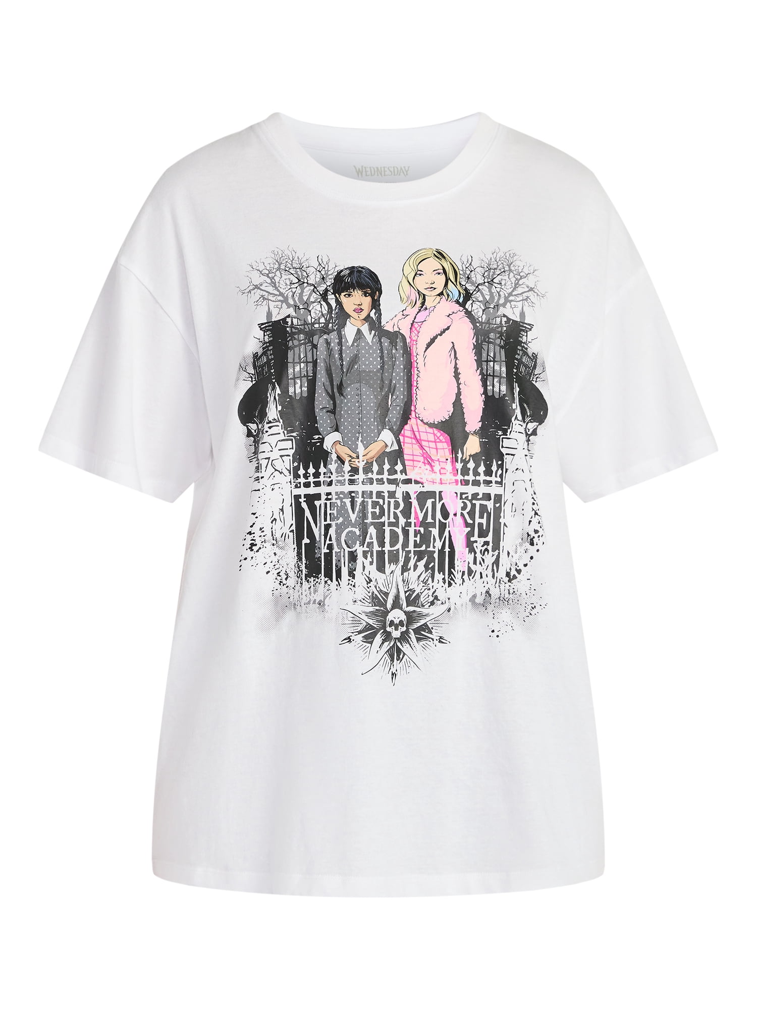 Wednesday Addams Women’s Nevermore Academy Cotton Graphic Tee with Short Sleeves, Sizes XXS-2XL