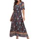 thumbnail image 1 of Vestido hasta el tobillo con estampado de manga corta suelto con cuello en V Vintage bohemio a la moda para mujer Fridja  qw6788, 1 of 9