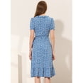 thumbnail image 4 of Unique Bargains Robe d'Été à Volants pour Femmes Col en V Nouée Manches Courtes Midi Robe Florale Bleue S, 4 of 5