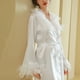 thumbnail image 3 of Batas con cuello peludo, bata de mañana para mujer, camisón largo de plumas, maquillaje de boda, dama de honor, grupo, boda, bata de baño de satén, camisón de mujer, 3 of 3