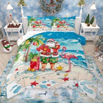 Manfei Cartoon Santa Claus Bedding Set for Kids, Summer Christmas Ocean Beach Twin Comforter Sets, Kawaii Flamingo Reversible Lightweight Room Decor, 2 Pieces