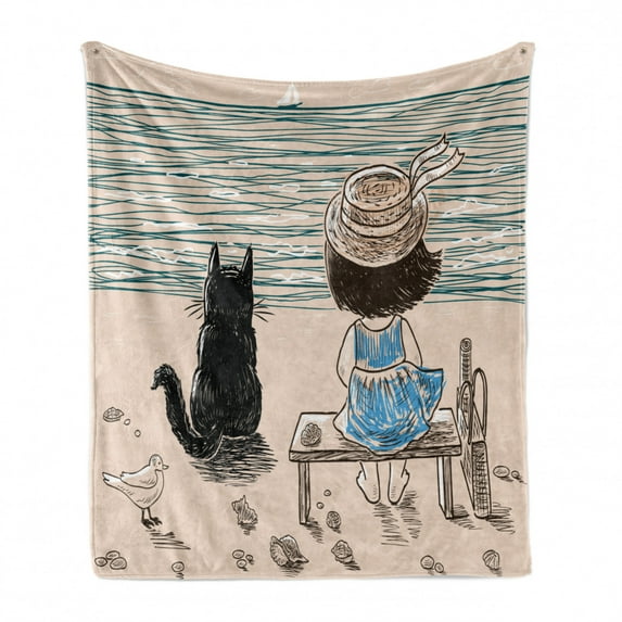 Animals Soft Flannel Fleece Throw Blanket, Little Girl with Panama Hat Sitting on a Bench with Fluffy Cat by the Seaside, Cozy Plush for Indoor and Outdoor Use, 70" x 90", Multicolor, by Ambesonne