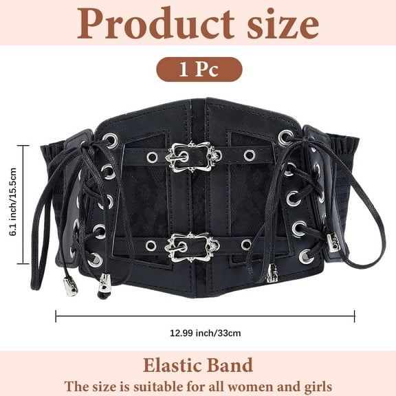 Black Faux Leather Waist Corset Belt Wide Vintage Medieval Around Obi Trendy Elastic Lace Up Waistband Belts with Alloy Buckle Loosens Bulk for Women Dress Shirts Clothes Costume Accessories